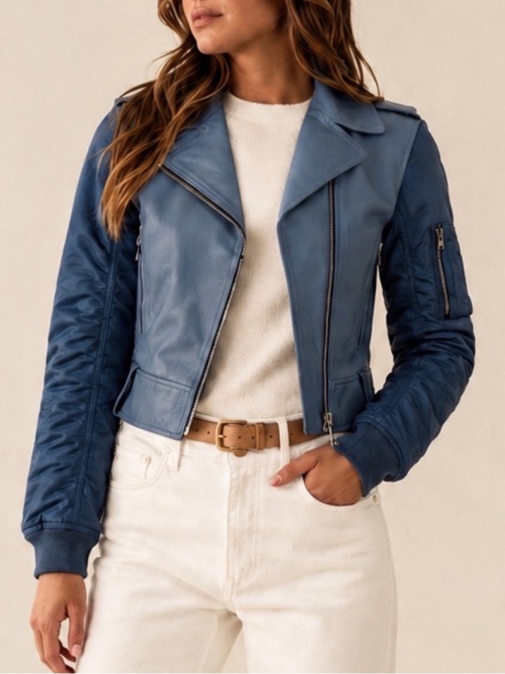 SANDRO PARIS Brixton Blue Goat Leather Moto Jacket Size 1 Small NWOT